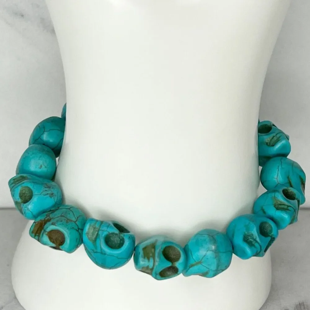 Faux Turquoise Skull Rhinestone Beaded Stretch Bracelet